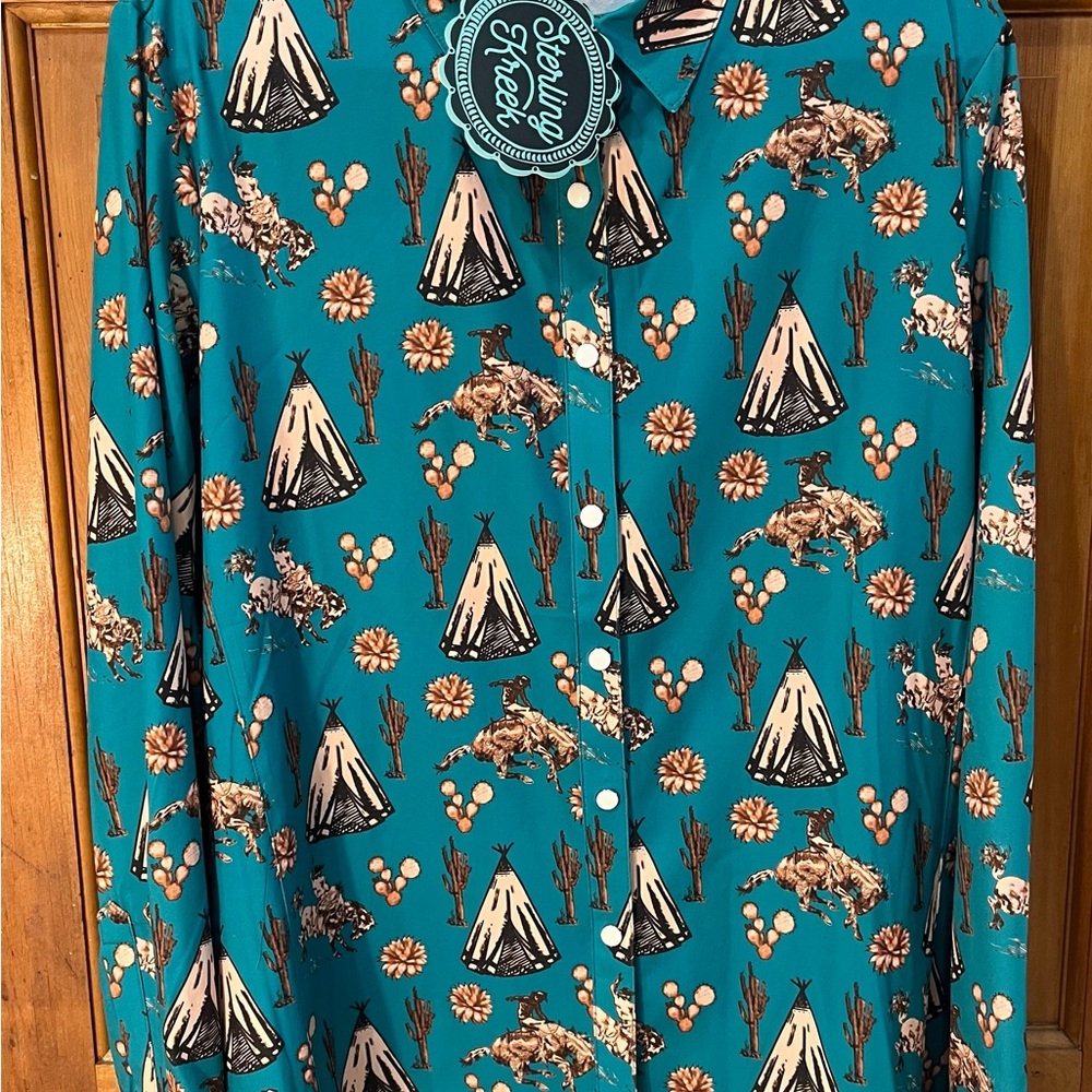 Cowgirl Kicks Turquoise Western Print Shirt